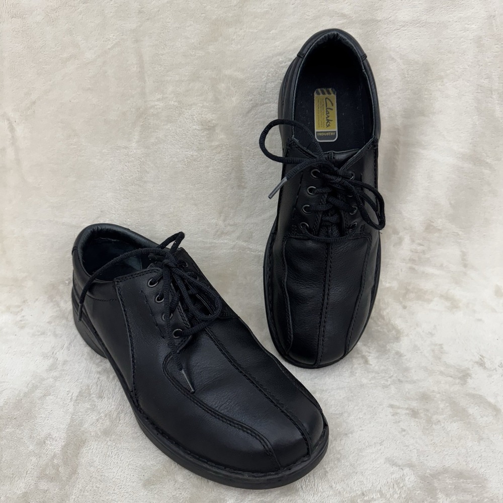 Clarks Industry Men's 12W Black Leather Oxford Shoes Slip Resistant 62051